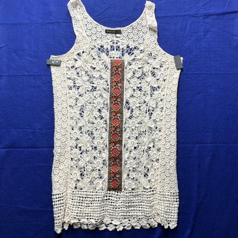 Boho Women Origami by Vivien Crochet Lace Tank Top M Cream Embroidered Ribbon